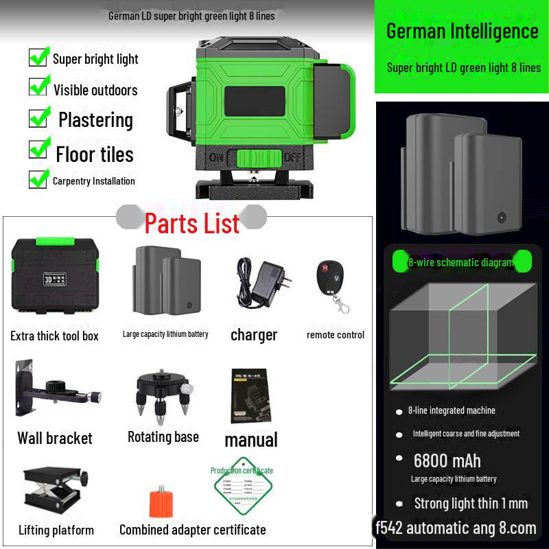 Высокоточный 16-линейный лазерный уровень с 12 зелеными световыми линиями для автоматического выравнивания пола и стен