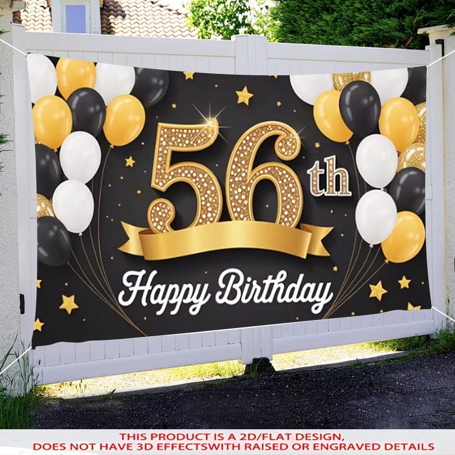 1pc 2D 56th Birthday Happy Birthday Theme Decorative Banner Black Gold Backdrop For Living Room Bedroom Garden Scene Party Celebration
