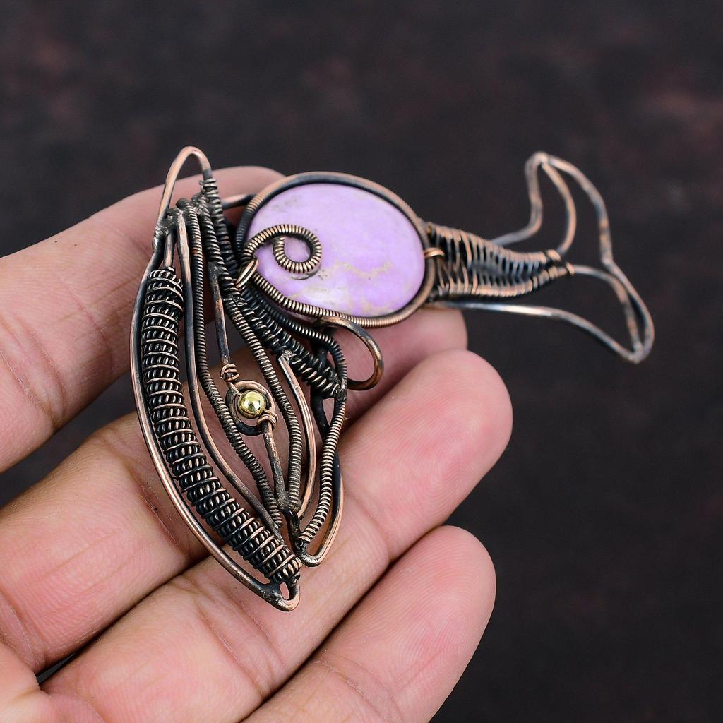 Кулон из фосфосидерита, кулон, обмотанный медной проволокой, кулон с драгоценным камнем, медные украшения, ручная работа, кулон в виде рыбы, украшения из фосфосидерита в подарок