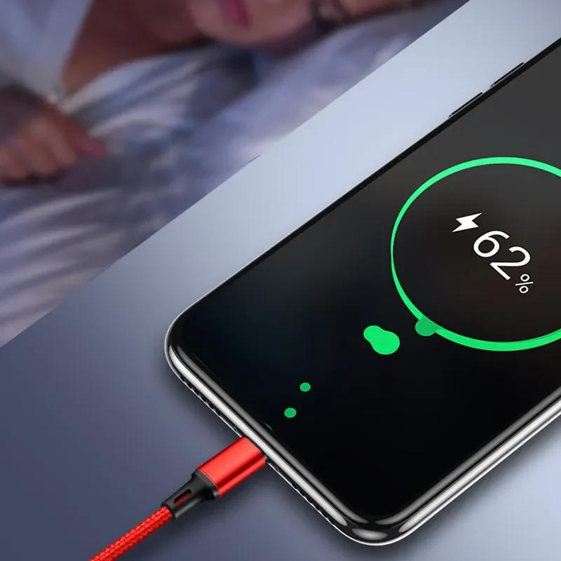 3 в 1 USB-кабель для быстрой зарядки типа C Micro IOS, универсальный зарядный кабель для iPhone, Huawei, Samsung, нейлоновый плетеный шнур