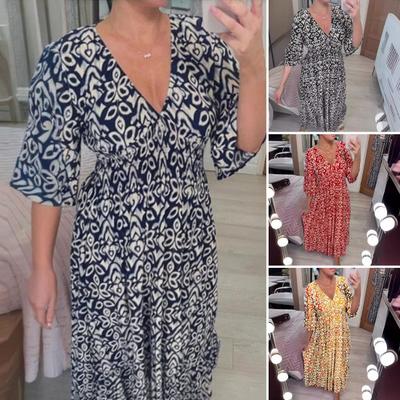 Женское летнее платье в стиле бохо с цветочным принтом, V-образным вырезом, короткими рукавами, оборками, цветочным принтом, платье миди, повседневное пляжное струящееся платье-трапеция