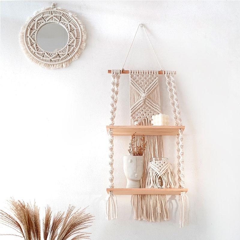 Настенный гобелен ручной работы в богемном стиле, деревянная полка, корзина для цветов, двухъярусная вешалка, настенные полки в технике макраме