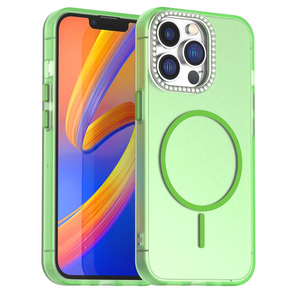 For iPhone 13 Pro Max Case Compatible with MagSafe TPU+PC+PET Phone Cover Rhinestone Decor Lens Frame