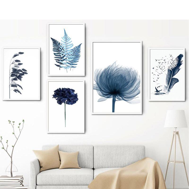 Blue Plant Leaf Poster Minimalist Flower Plant Wall Art Canvas Painting Nordic Living Room Home Decoration Picture Printmaking