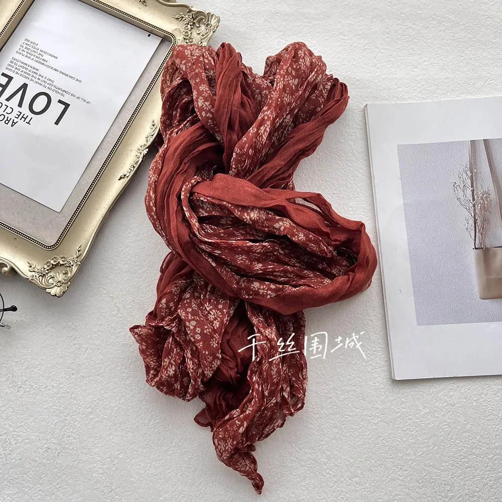 Новый Художественный Цветочный Ретро Плиссированный Хлопково-Льняной Шарф Тонкий Универсальный Женский Шарф Сочетающаяся Одежда Осенне-Зимний Модный Тренд