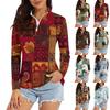 Women's Casual Fashion Retro Floral Print Long Sleeve Zipper Neck Top T-shirt