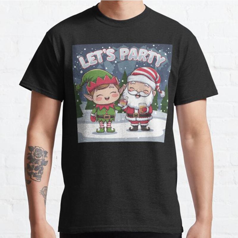 Plus Size S-3XL A Elf and Santa Having A Drink Outside In The Snow Printed T-shirt Men's Tops Fashion Clothes Tees