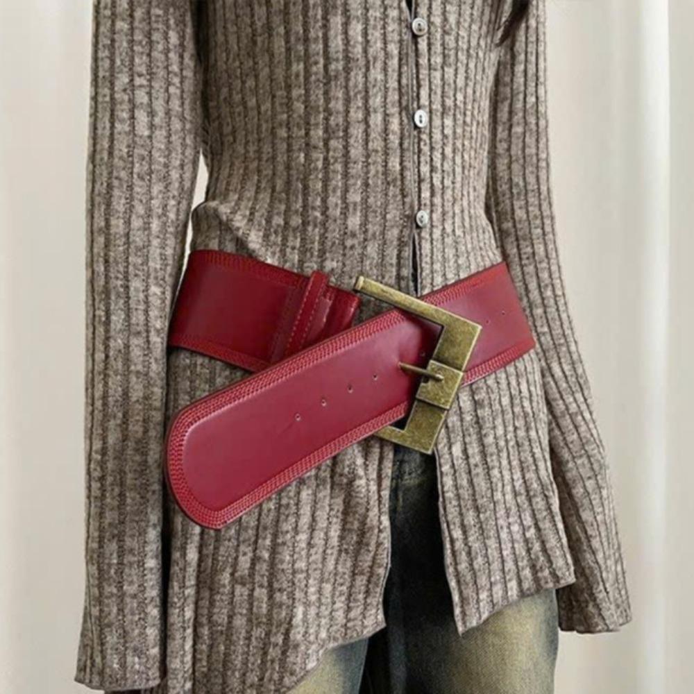 Y2K Retro Wide Waist Belt Coffee/Red PU Leather Waistbands Metal Buckle Wide Belt Woman Girl
