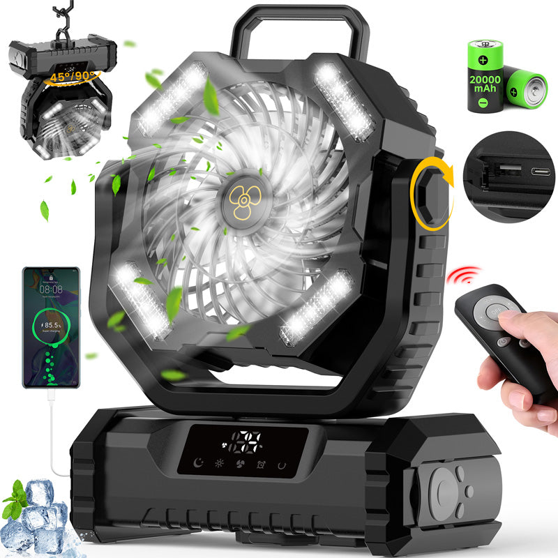 20000mAh Battery Operated Fan, Portable Rechargeable Desk/Camping Fan with LED Light and Hook, Outdoor Fan for Tent Car Trip