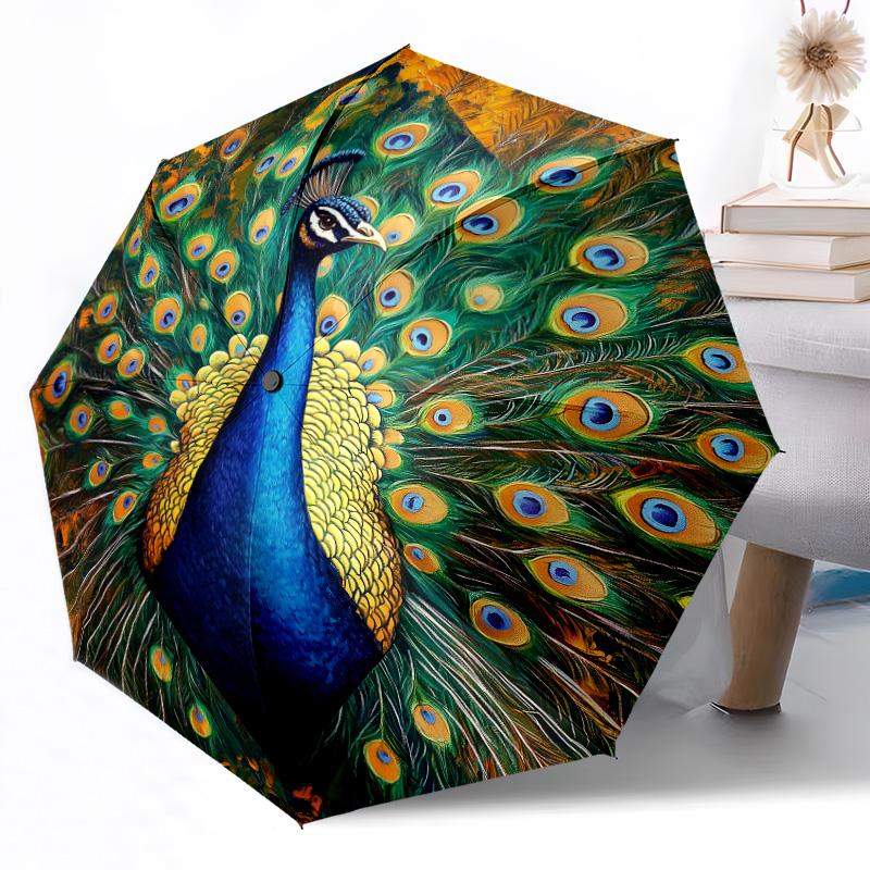 Vibrant Peacock Stained Glass Art Portable Automatic Umbrella Compact & Durable 8-Rib Design Durable Plastic & Iron Travel Essential Fashion Lovers