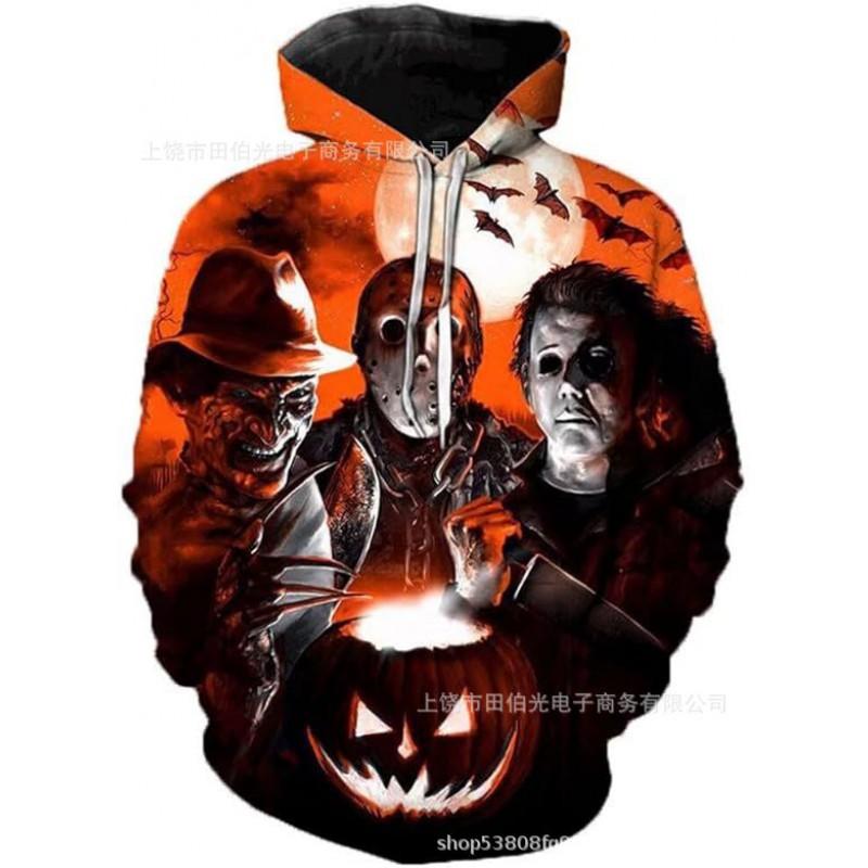 Halloween 3D Digital Print Hooded Sweatshirt Unisex Loose Fit Long Sleeve Casual Winter Top