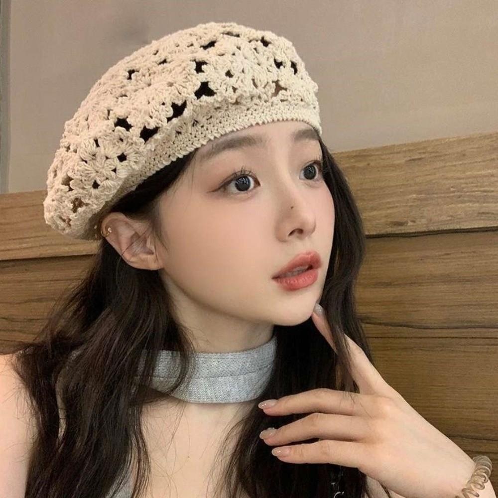 Japanese Style Flower Hat Thin Crochet Knitted Cap Painter Hat Hollowed Out Beret Women
