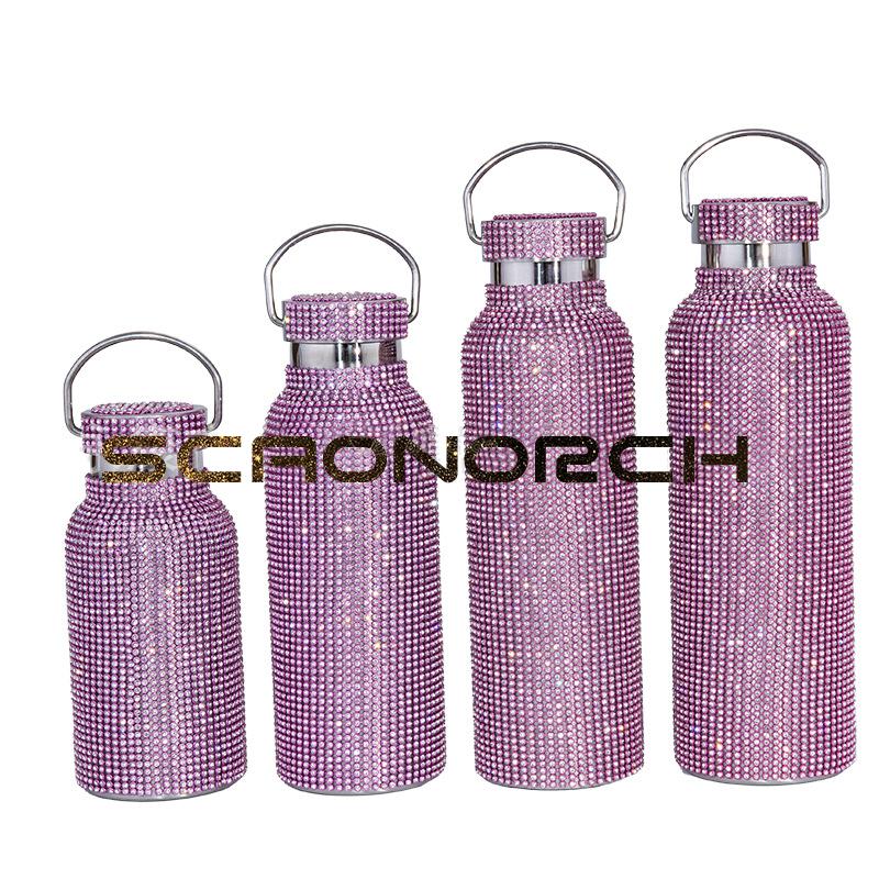 Sparkling Diamond Thermos Bottles Portable Glitter Rhinestone Water Bottle With Chain Double Wall Stainless Steel Thermal Flask