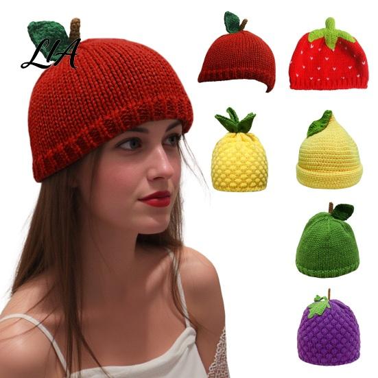 Adorable Fruit Design Beanies Women Knitted Hat, Cute Stretchy Cozy Winter Beanies, Sweet Warm Skull Cap for Girls Cold Weather Elastic Fit Headwear