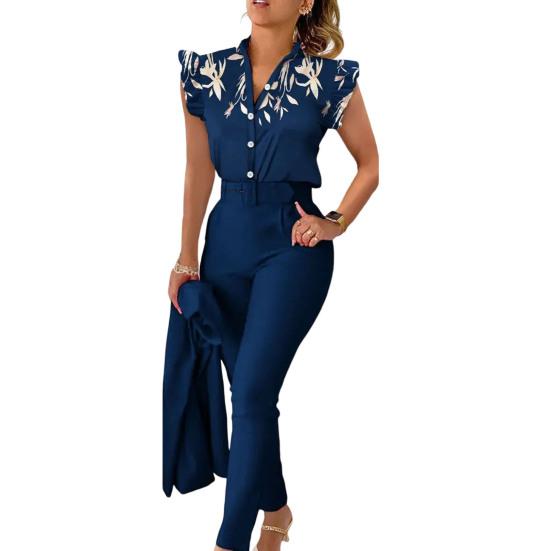 2 шт./компл. летние наряды с v-образным вырезом на пуговицах и высокой талией с рюшами на рукавах и принтом, повседневная одежда, одинаковый пояс