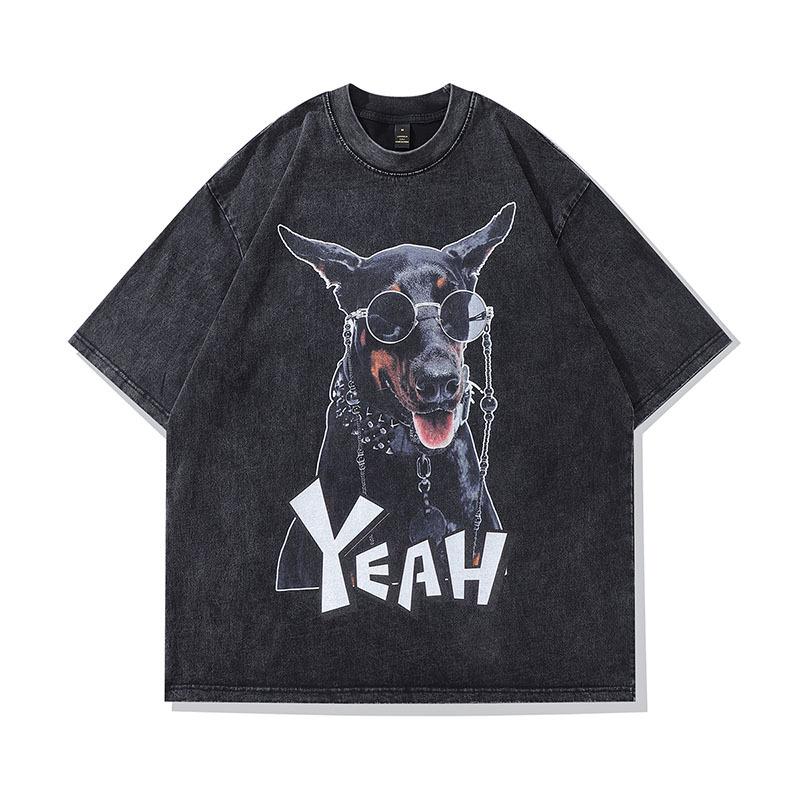 Винтажная футболка унисекс с круглым вырезом TKPA Doberman – Вываренная, Ретро уличный стиль, Свободный крой, Уличная одежда с коротким рукавом