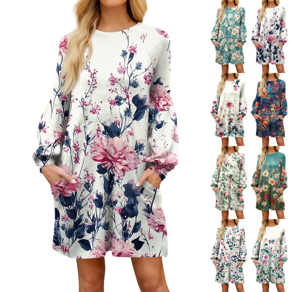 Модное женское платье трапециевидной формы с длинным рукавом. Осенний повседневный пуловер с круглым вырезом. Свободное платье с карманами.