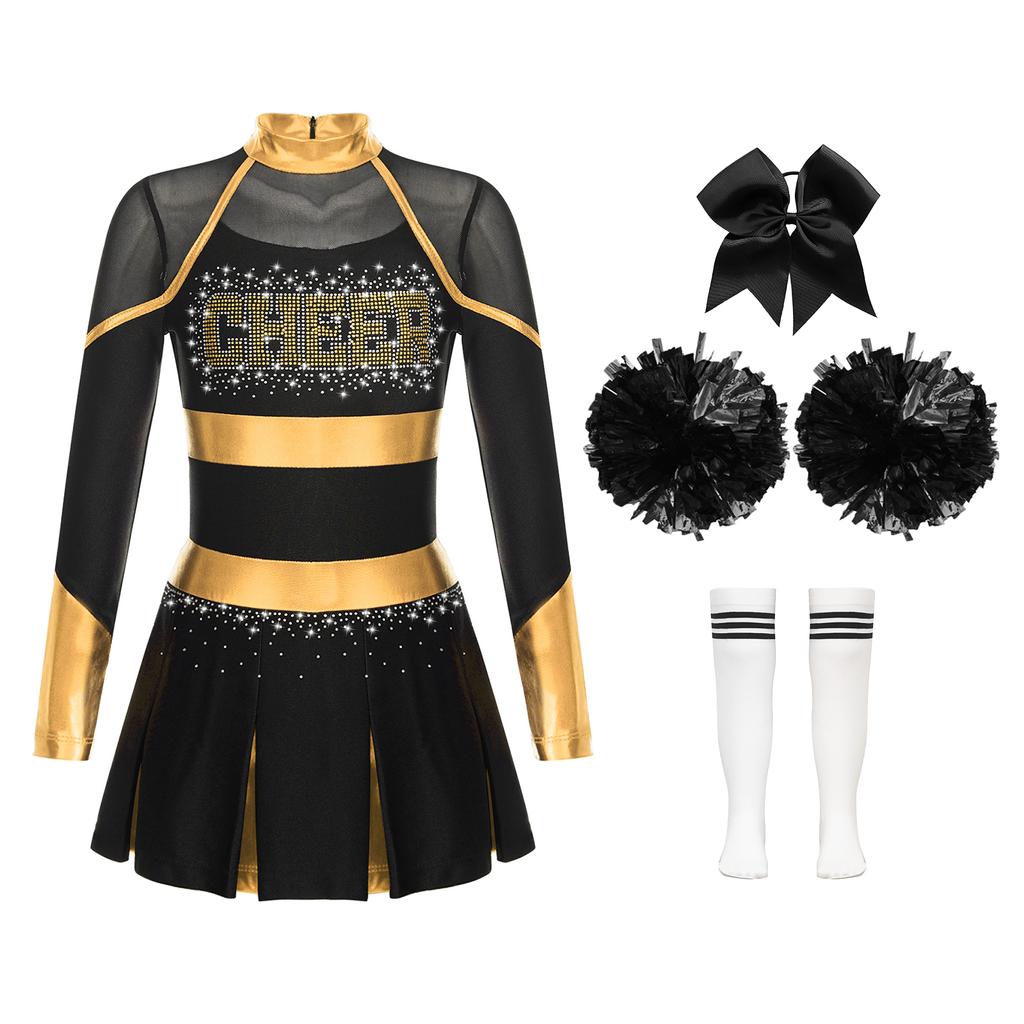 Girls Cheerleading Dance Outfit Halloween Fancy Dress Up Long Sleeve Dress Cheer Leader Uniform Masquerade Cosplay Outfits