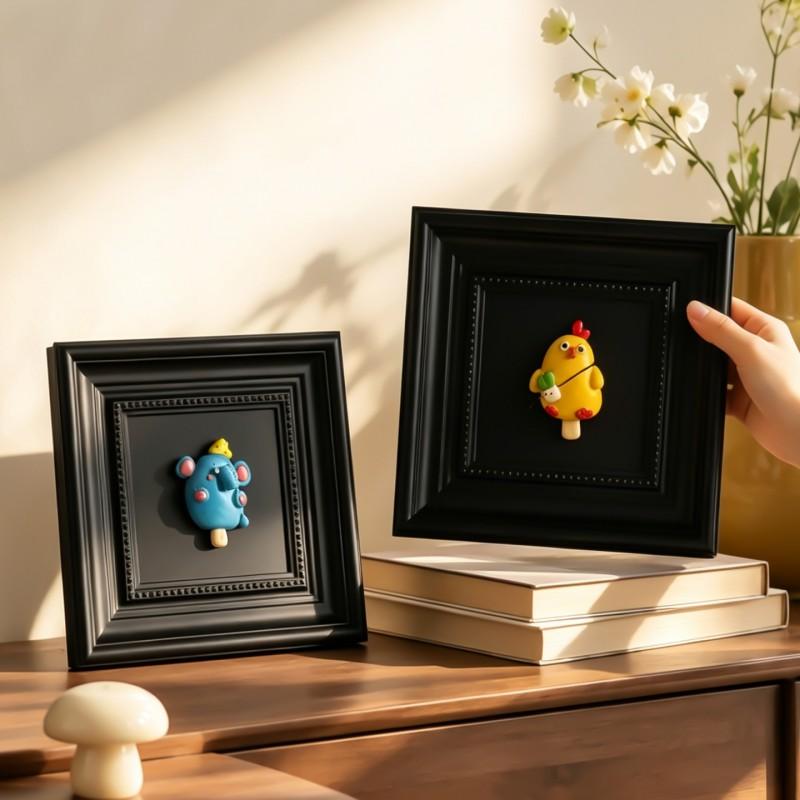 3D Animal Ice Cream Photo Frame Decorative Ornament Living Room Entryway Desk Vintage Carved Black ABS Craft