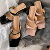 2025 new square head with nude sandals for women, summer thick heels, open toes, cool slippers, black high heels for women