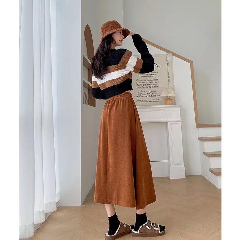 Solid Casual A-Line Skirts For Women Autumn Winter Vintage Women's High Waist Loose Midi Skirt Street Female Elastic Skirt