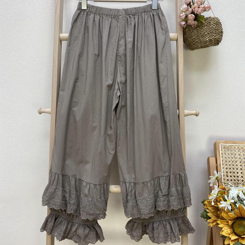 Johnature Женские брюки Mori из хлопка в стиле пэчворк с кружевом и оборками, летние винтажные однотонные брюки до щиколотки с эластичной резинкой на талии