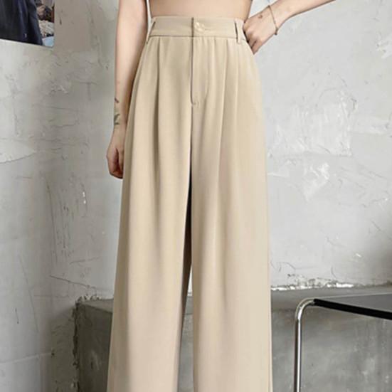 Женские однотонные костюмные брюки, эластичные прямые широкие брюки с высокой талией, свободные офисные брюки с наклонными карманами