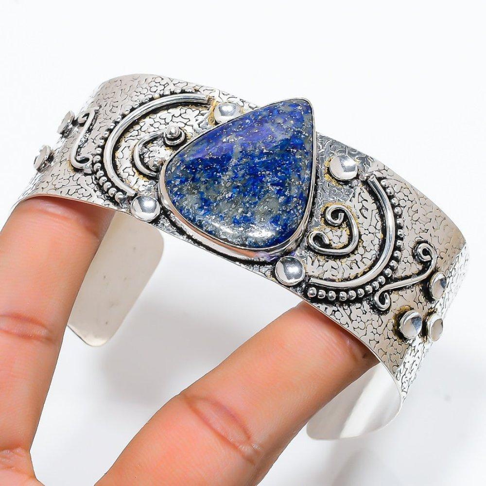 Лазурит Драгоценный камень Ручная работа 925 Стерлинговое серебро Манжета Браслет Регулируемый q5Z34