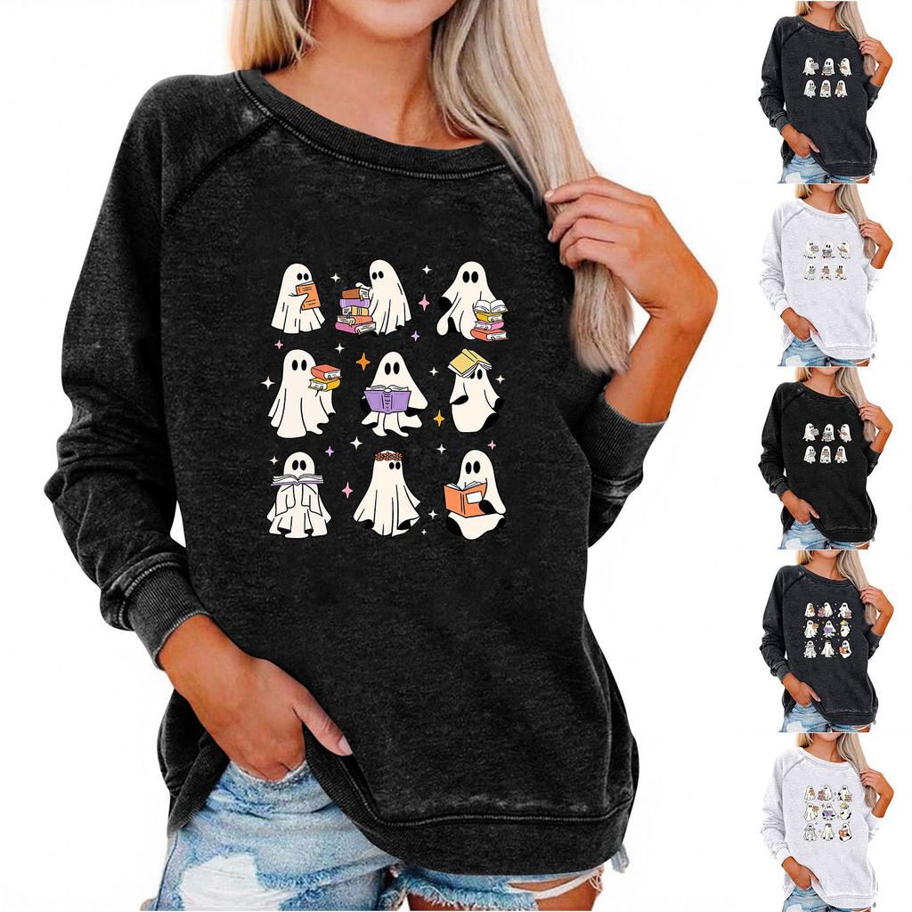 Women's Casual Raglan O-neck Long Sleeve Halloween Print Top