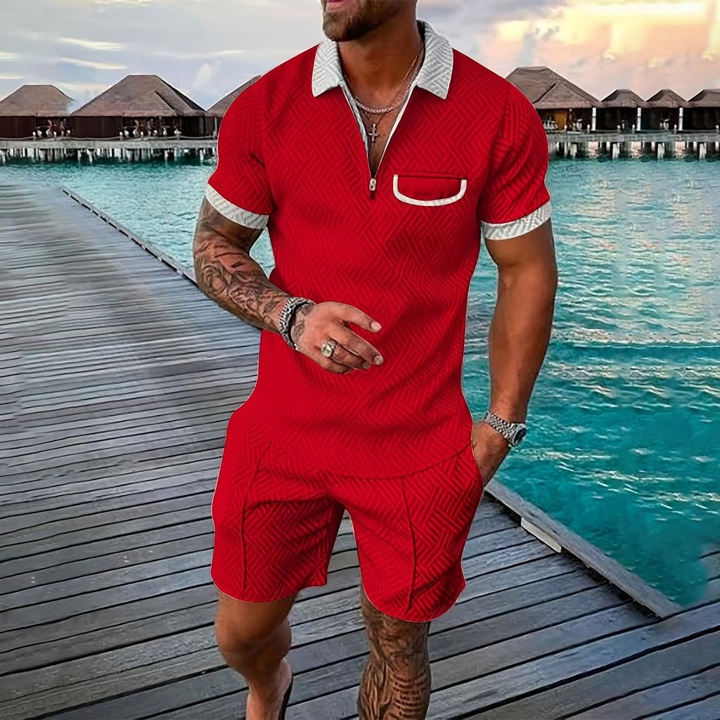 Мужской летний однотонный комплект из рубашки с коротким рукавом, карманом на молнии и лацканами, шортами