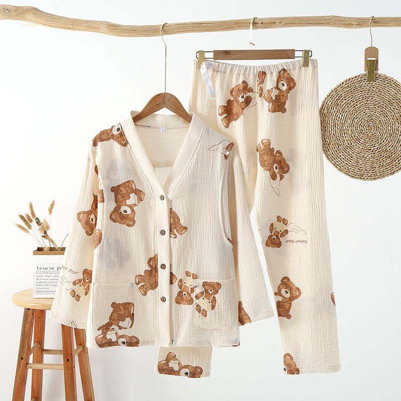 Pure cotton double-layer crepe cloth confinement clothes postpartum spring and summer sweat-absorbing and breathable sweet solid-color gauze pregnant