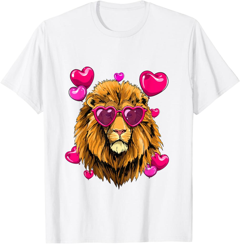 Lion Wearing Heart Sunglasses Valentines Day Graphic Tee Men Casual Short Sleeve T-Shirt