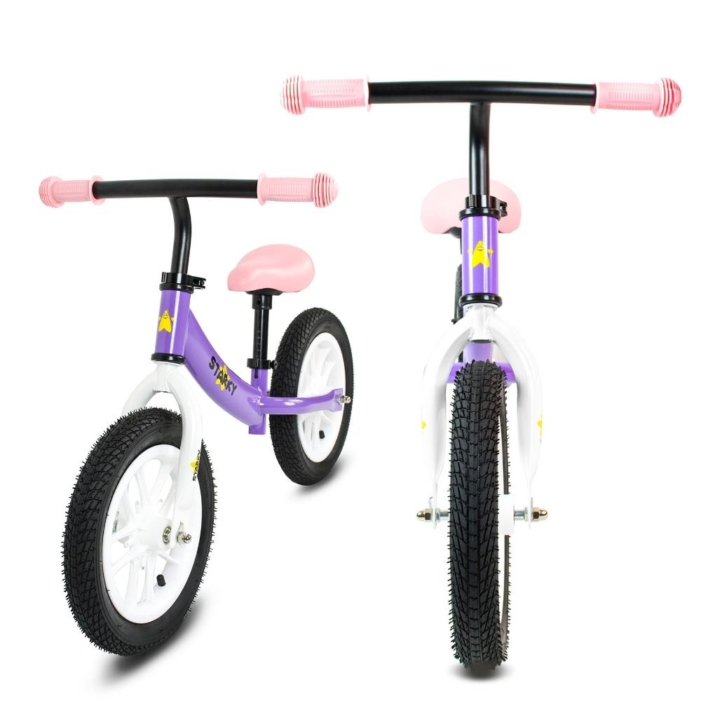 Purple balance bike with 12 wheels and LED lights, steel frame for girls