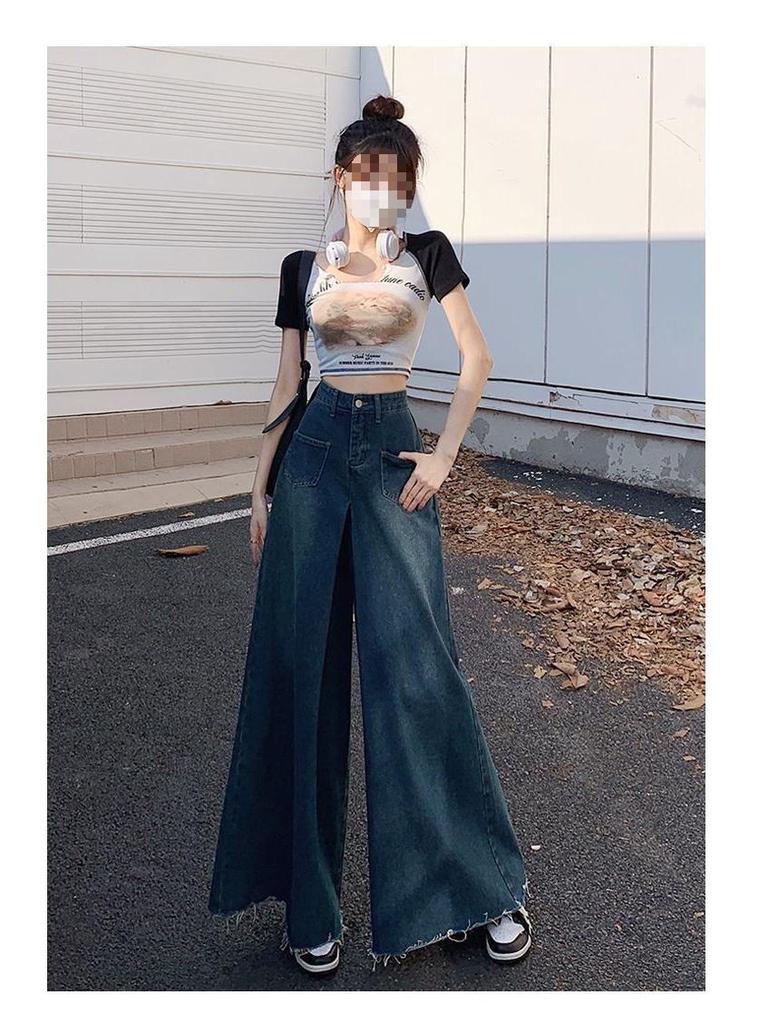 Юбка деним 2024 в стиле ретро с высокой талией и широкими штанинами с необработанными краями для весны и осени