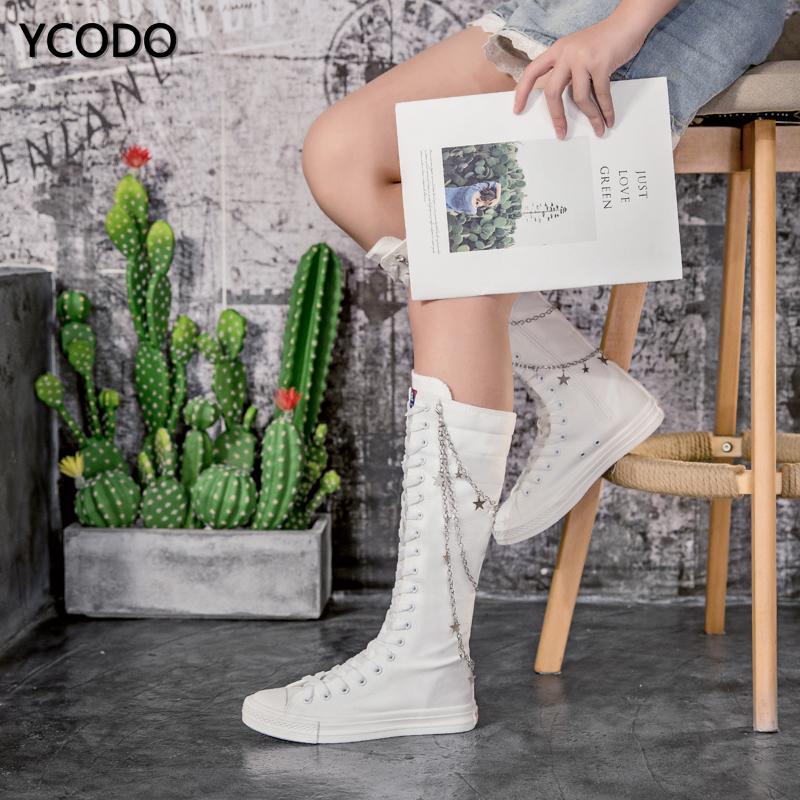 Spring Autumn Women Boots Canvas Mid Calf Boots Casual High Top Shoes Long Boots Lace Up Zipper Comfortable Flat Boots Size 34-43