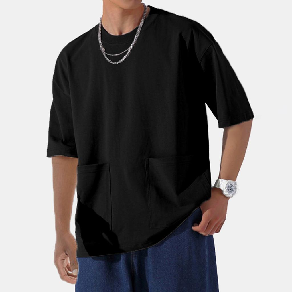 Men's Retro Solid Color Double Pocket Wide Cut Large Drop Shoulder 5/4 Sleeve T-shirt