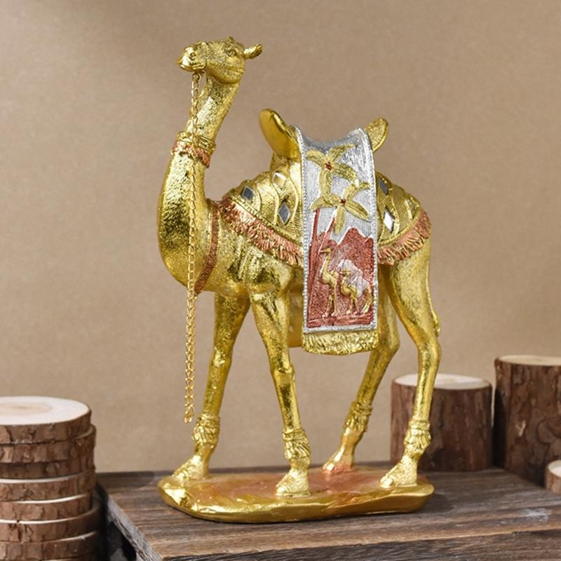 Artistic Camels Sculpture Resins Middle Eastern Ornament Gold Desert Animal Figurine for Living Room and Office Display