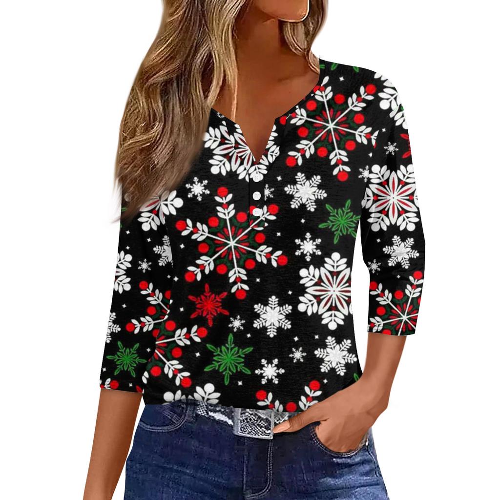 Women's Fashionable Casual Christmas Printed V-neck Three-quarter Sleeve Decorated Button Top