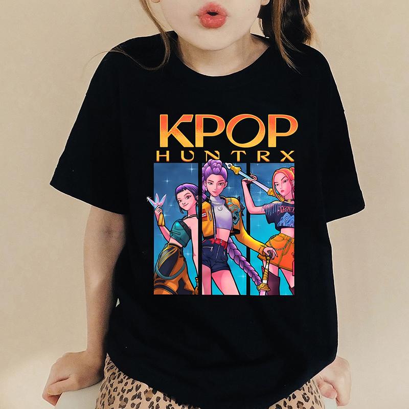 Аниме K-pop Охотники на демонов Huntr/x Футболки Детские Мальчики Девочки Летние Повседневные Топы с коротким рукавом Мультяшная K-pop Футболка Охотники на демонов