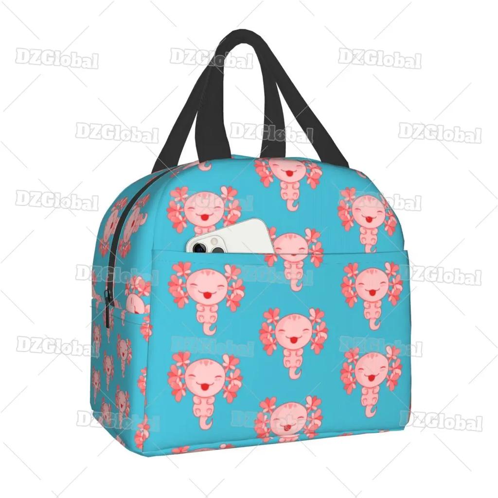 Милая сумка для ланча с аксолотлем, с термоизоляцией, для школы, офиса, с мультяшной саламандрой, животным, портативная, термокулер, для бенто-бокса, для женщин, детей