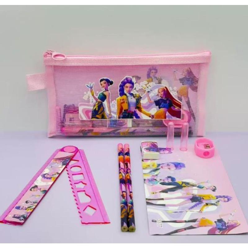 New kpop Demon Hunter Girl Group Pen Case Set, Nylon Mesh Bag, Rectangular Pen Case, Student Back to School Set, Stationery Gift
