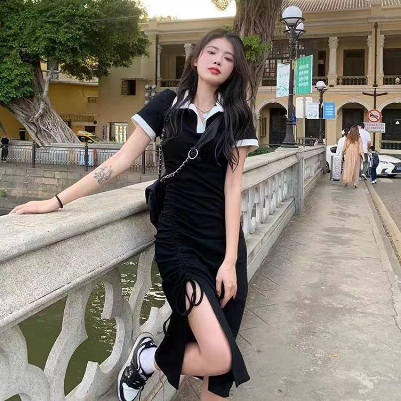 Women's Dress Summer Sexy Slit Waist Slim-fit Bag Hip Midlength Dress