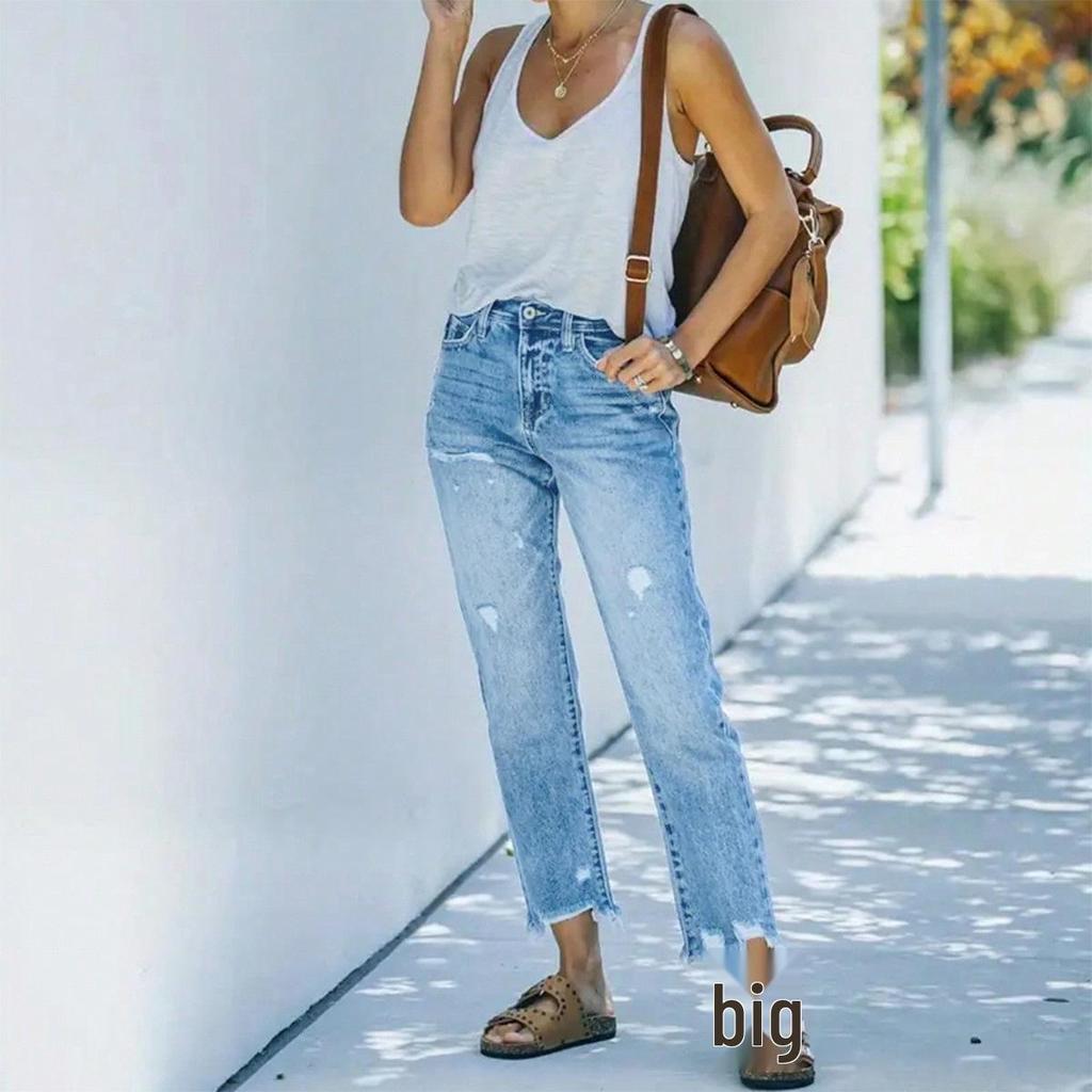 2025 Женские рваные повседневные джинсы-дудочки длиной до щиколотки