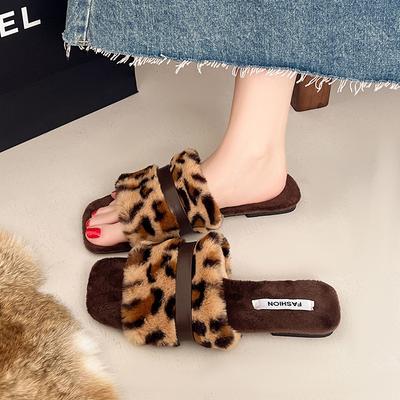 Ретро квадратный носок плоская подошва пушистые тапочки 2025 осень и зима для улицы мягкий темперамент тапочки на одно слово теплые хлопковые туфли дети