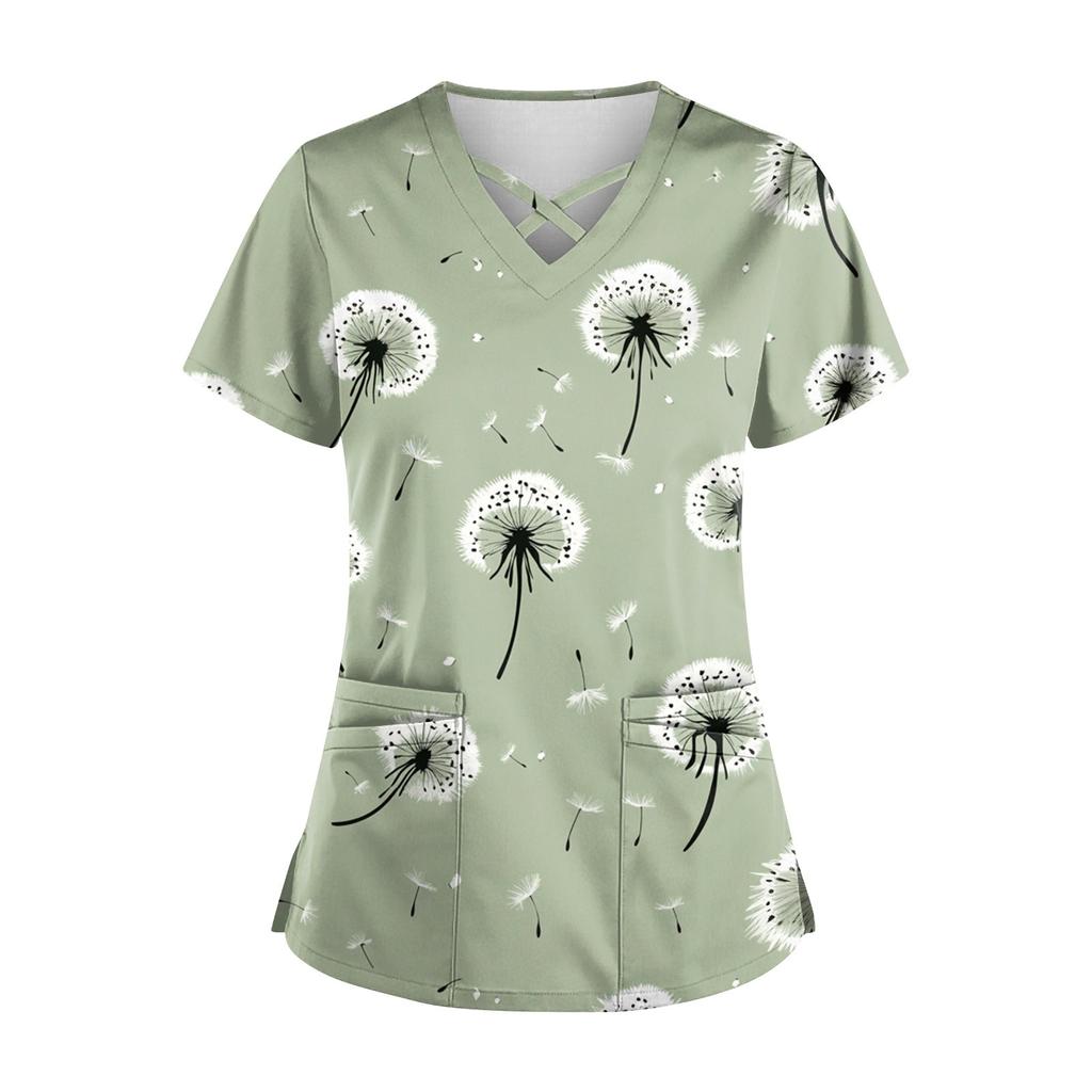 Women's Short Sleeve Stagger V Neck Print Pocket Dry-nurse Top