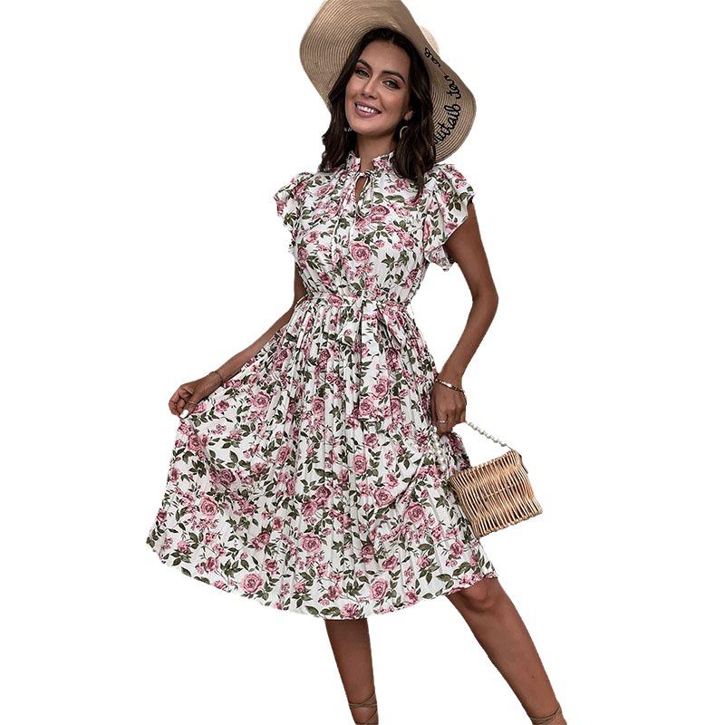 European and American Retro Print Mid-Length White Dress - 2022 Summer Collection