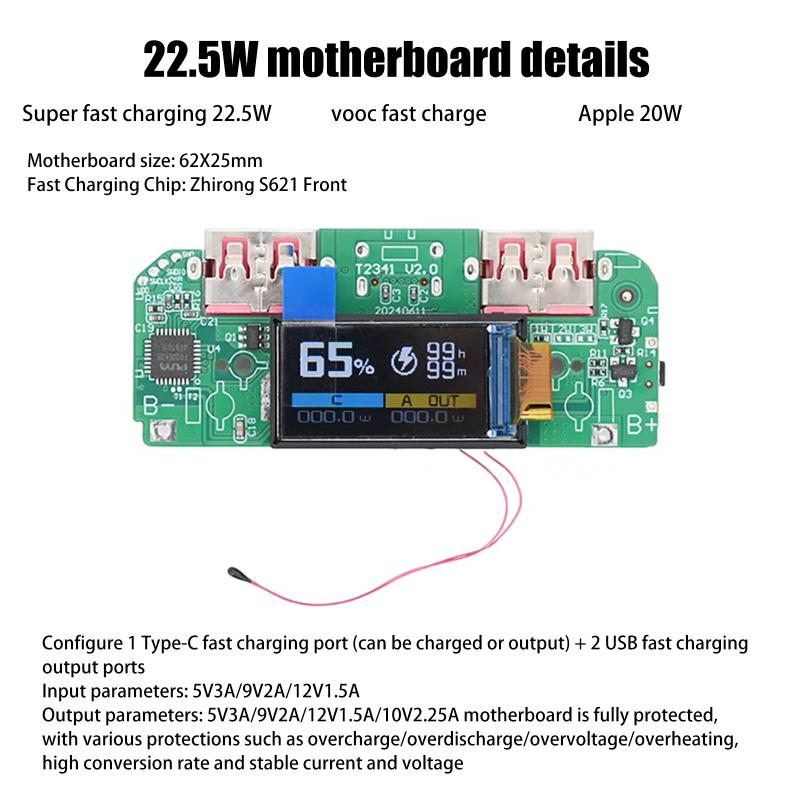 1 шт. Двунаправленное быстрое зарядное устройство Понижающий преобразователь Модуль мобильного питания DIY Материнская плата питания с дисплеем Type-C USB 22.5 Вт