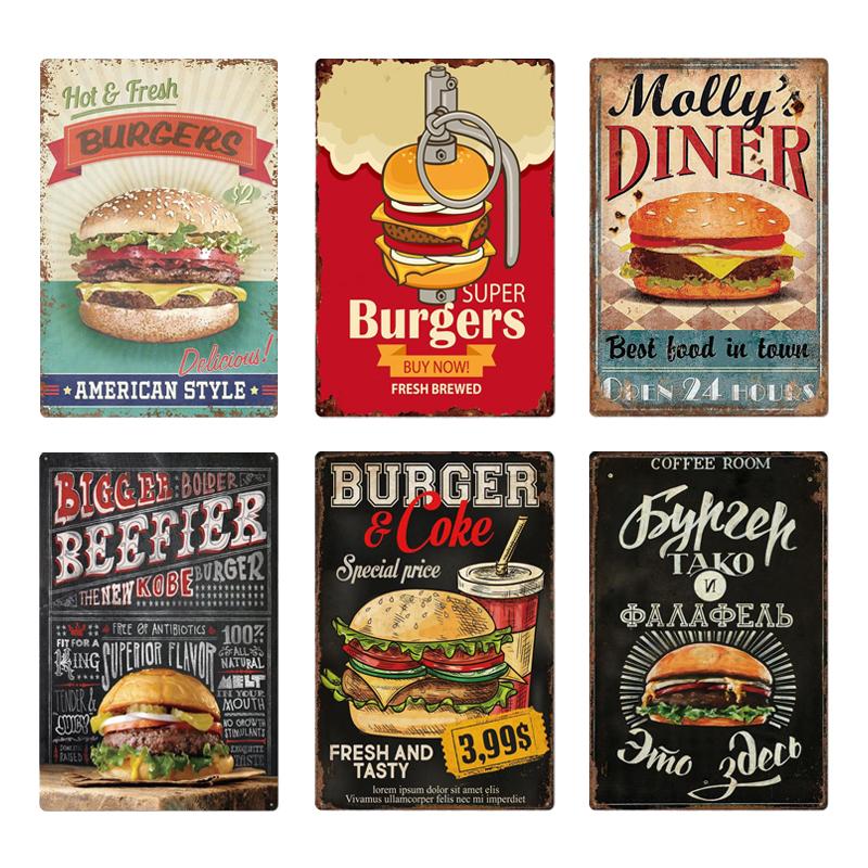 Металлическая вывеска для гамбургера, винтажная жестяная вывеска для ресторана быстрого питания, настенный декор для кухни, кафе, закусочной, бара, бургера, металлические вывески 20x30c