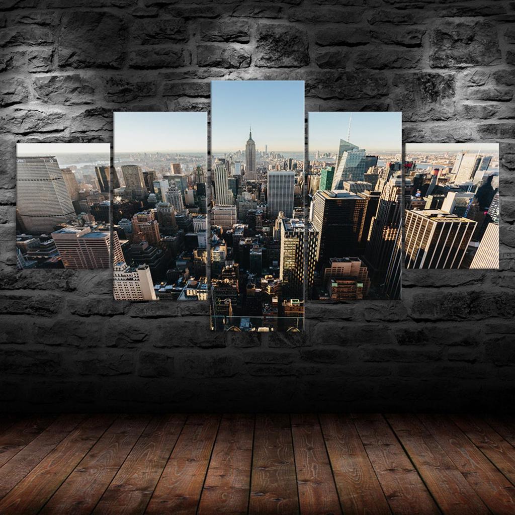 New York Skyline Empire State Building Skyline 5 Piece Five Panel Wall Canvas Print Modern Art Poster Picture Home Decor Gift For Him Her