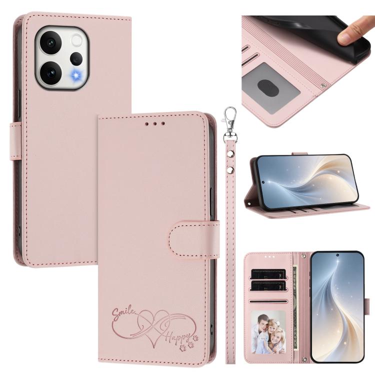 Happy Heart Pattern Magnetic Closure Vegan Leather Phone Case With Wrist Strap For vivo X200 FE